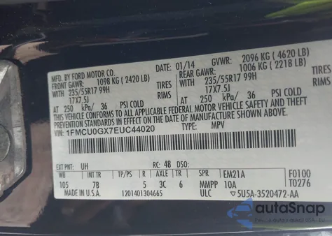 2014 Ford Escape Se from USA, damaged, VIN 1FMCU0GX7EUC44020